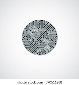 Vector abstract technology illustration with round monochrome circuit board. High tech circular digital scheme of electronic device.