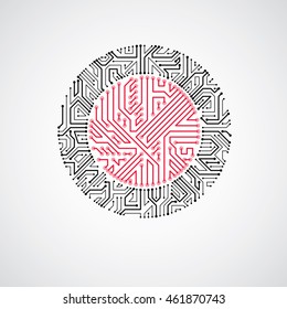 Vector abstract technology illustration with round monochrome circuit board. High tech circular digital scheme of electronic device.