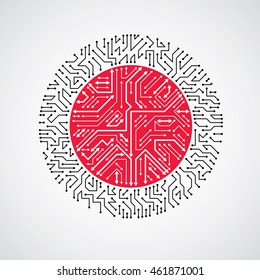 Vector abstract technology illustration with round black and red circuit board. High tech circular digital scheme of electronic device, multidirectional arrows.