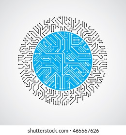 Vector abstract technology illustration with round blue circuit board. High tech circular digital scheme of electronic device, multidirectional arrows.