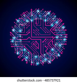 Vector abstract technology illustration with round blue and magenta circuit board. High tech circular digital scheme of electronic device.

