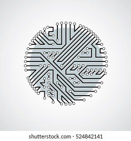 Vector abstract technology illustration with round monochrome circuit board. High tech circular digital scheme of electronic device.