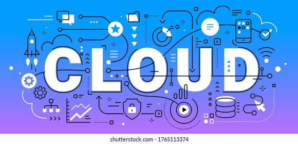 Vector abstract technology illustration of word cloud and connected business icon on color background with line and cloud. Line art style innovation design of graphic element for web, site, banner