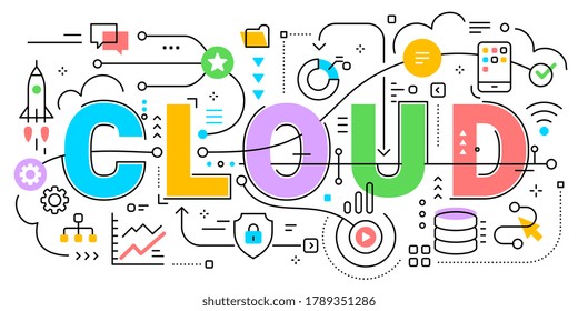 Vector abstract technology illustration of word cloud and graphic element on white background. Line art style innovation design of connected business icon with line and cloud for web, site, banner