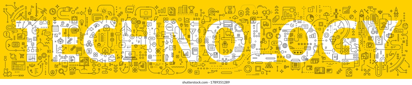 Vector Abstract Technology Illustration Of Word Technology On Yellow Background With Connected Business Icon. Line Art Style Innovation Design Of Graphic Element For Web, Site, Poster, Banner