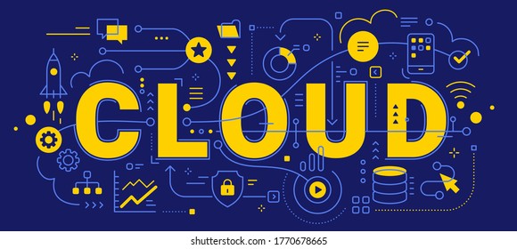 Vector abstract technology illustration of yellow word cloud and connected business icon on dark background with line and cloud. Line art style innovation design of graphic element for web banner