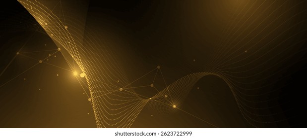 Vector abstract technology with molecule, geometric shape, Flowing dot particle wave flow line, pattern wave and dot, wireframe on gold background. technology network science communication concept