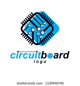 Vector abstract technology monochrome circuit board. High tech digital square scheme of electronic device. Modern innovation technologies logo.