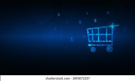 vector abstract technology online shopping cart business concept on dark blue color background.