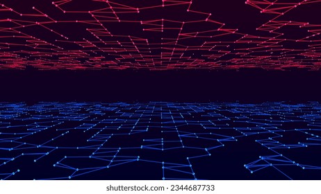 Vector abstract technology perspective grid. Detailed wireframe landscape with colors lines on black background. Digital space with mesh. Concept connection big data. Futuristic technology backdrop.