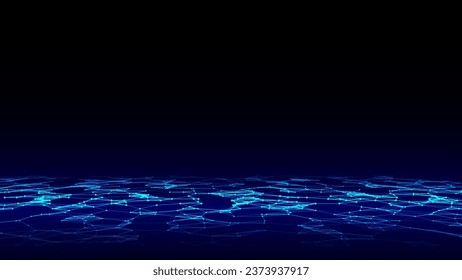 Vector abstract technology perspective grid. Detailed wireframe landscape with blue lines on black background. Digital space with mesh. Concept connection big data. Futuristic technology backdrop.