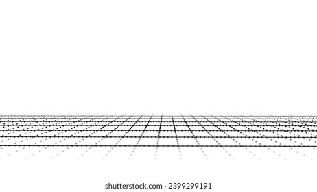 Vector abstract technology perspective grid. Detailed wireframe landscape with black lines on white background. Digital space with mesh.