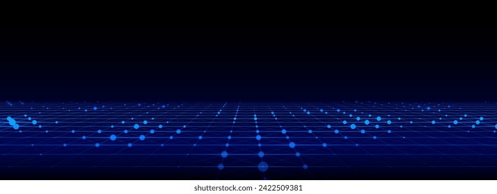 Vector abstract technology perspective grid. Detailed wireframe landscape with blue lines on black background. Digital space with mesh.