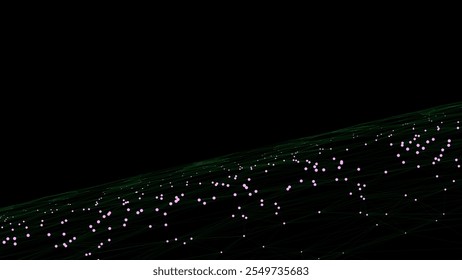 Vector abstract technology perspective grid. Detailed wireframe landscape with colors lines on black background. Digital space with mesh. Concept connection big data. Futuristic technology backdrop.