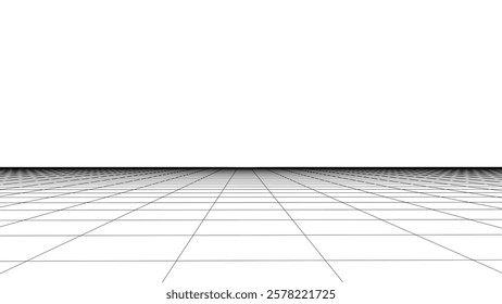Vector abstract technology perspective grid. Detailed wireframe landscape with white lines on black background. Digital space with mesh.