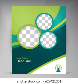 Vector abstract template design leaflet, flyer, poster, brochure, cover with turquoise and green multilayer stripes and round frames