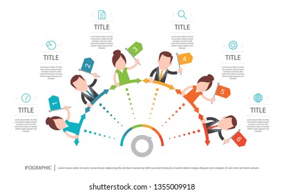 Vector abstract template infographic with icon cartoon figure business man and woman. Icon set. Isolated on white background.