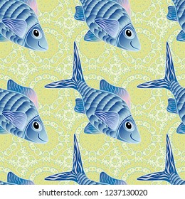Vector abstract template. Seamless sea travel pattern, underwater diving animal - tropical yellow, gray and blue fish. Elegant modern style cute marine with yellow, gray and blue fishes.