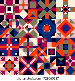 Vector abstract texture with different geometrical elements. Seamless quilt pattern. Beautiful graphic background.