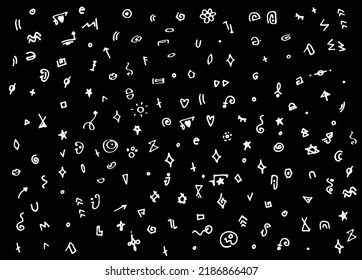 vector abstract texture of isolated black and white elements on black. geometric simple symbol isolated memphis elements arrows asterisks, corners, curls for design template