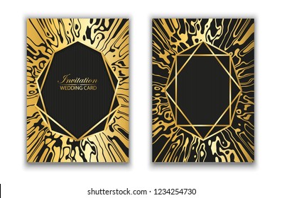 Vector. Abstract texture of marble. The golden cobweb. Grainy surface. The effect of a flowing liquid. Marble gilded frame on a dark background. Template for a wedding invitation, brochures, postcard