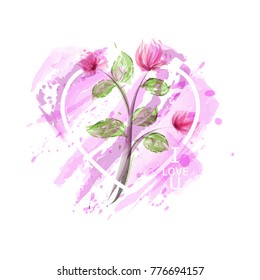 Vector abstract texture pink watercolor heart and flower background. Lovely card,Valentine's day,Holiday card,Wedding card.