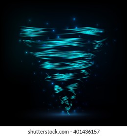 Vector abstract tornado. Bright abstract twist on dark background.