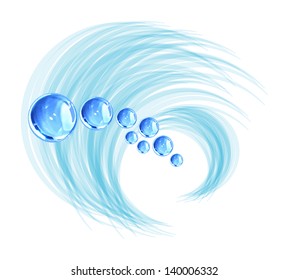 Vector abstract transparent water drops. Wave, splash and blue aqua. Isolation over white background.