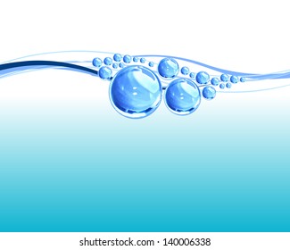 Vector abstract transparent water drops. Wave, splash and blue aqua. Isolation over white background. Ocean and sea.
