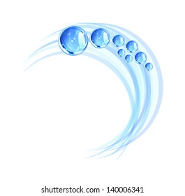Vector abstract transparent water drops. Wave, splash and blue aqua. Isolation over white background.