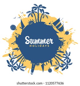 Vector abstract travel banner with palm trees, sailboats and balloons in the form of blue and yellow blots. Summer poster, flyer, invitation or card with the inscription Summer holidays