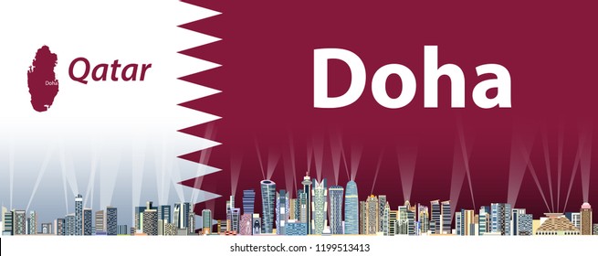 Vektorabstraktes Reiseplakat mit Skyline-Silhouette aus der Stadt Doha und Katar-Flagge auf dem Hintergrund