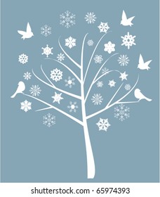 vector abstract tree with birds and snowflakes