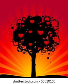 Vector abstract tree with red hearts. Nature decoration.