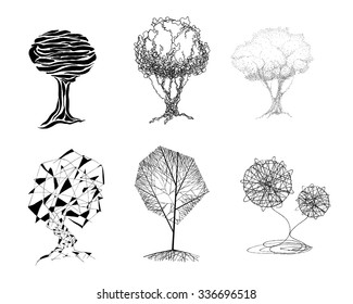 Vector abstract trees illustration. Hand drawn trees set.
