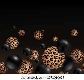 Vector abstract trendy background with leopard print balls on black background. Flying or falling 3d geometric realistic shapes. Falling black and leopard soft spheres, dynamic backdrop.   