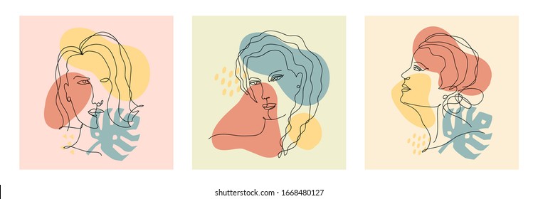 Tarjetas abstractas de moda con un dibujo de una línea de mujeres, hoja de monstera y elementos geométricos. Arte moderno de estilo lineal mínimo. Retratos femeninos para la impresión de moda en pantalones, plantilla