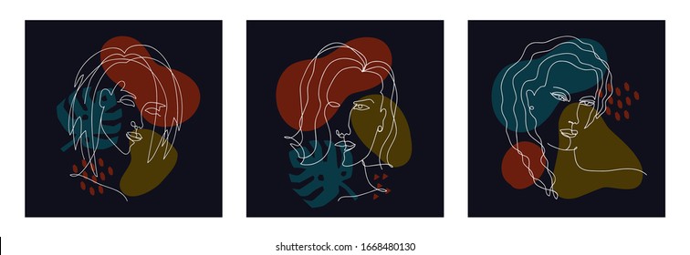 Vector abstract trendy cards with one line drawing of women, monstera leaf and geometric elements. Modern artwork  in minimal linear style. Female portraits for t-shirt fashion print, template