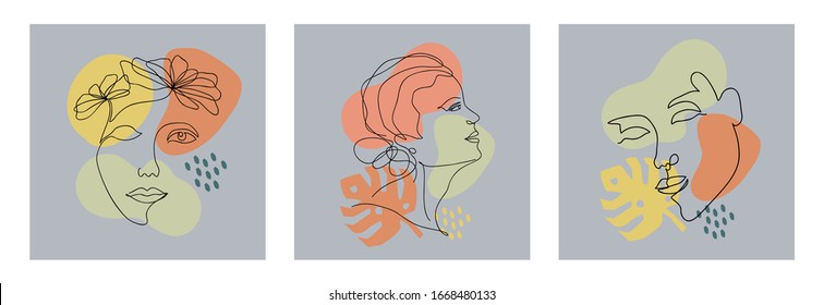 Vector abstract trendy cards with one line drawing of women, monstera leaf and geometric elements. Modern artwork  in minimal linear style. Female portraits for t-shirt fashion print, template