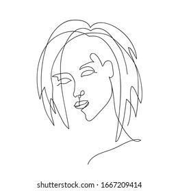 Vector abstract trendy illustration of one line drawing of woman. Modern artwork in minimal linear style isolated on white backgorund. Female portrait for t-shirt fashion print, logo, emblem, template