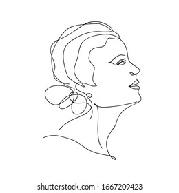 Vector abstract trendy illustration of one line drawing of woman. Modern artwork in minimal linear style isolated on white backgorund. Female portrait for t-shirt fashion print, logo, emblem, template