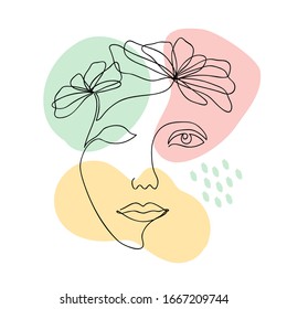 Vector abstracto ilustración a la moda de un dibujo de línea de mujer con elementos geométricos. Arte moderno de estilo lineal mínimo aislado en fondo blanco. Retrato femenino para la impresión de moda en pantalones