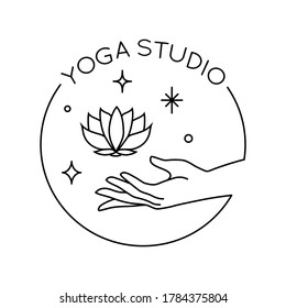 Vector abstract trendy linear logo with hand holding lotus flower and stars. Yoga emblem, label or icon isolated on white background