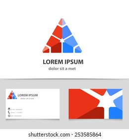 Vector abstract triangle icon with business card template. Modern logo design for your company. Creative illustration with geometric shape.