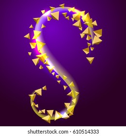 Vector abstract triangle shiny color gold wave design element with luminous effect on dark background.  