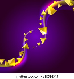 Vector abstract triangle shiny color gold wave design with luminous effect on dark background.  