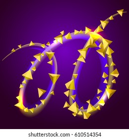 Vector abstract triangle shiny color gold wave design element with luminous effect on dark background.