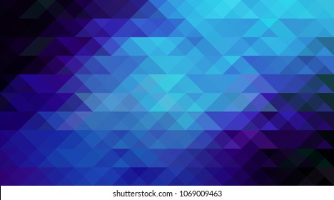 Vector abstract triangulated background. Horizontal dynamic pattern. Geometric texture. Modern. Triangles. Blue, cyan and black colors. Dark low poly fond. Diagonal gradation