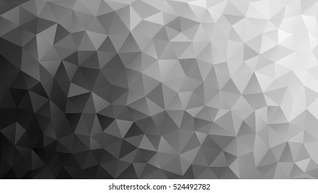 Vector abstract triangulated pale colorless background. Horizontal dynamic grey pattern. Geometric texture. Modern. Triangles. White, grey, black colors. Dark low poly fond. EPS 8.  Diagonal gradation