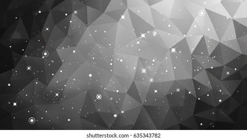 Vector abstract triangulated pale colorless background. Modern. Triangles. White, grey, black colors. Dark low poly fond.  Diagonal gradation. Stars